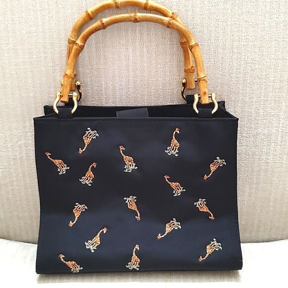 Prezzo Embroidered Giraffe Black Mini Tote Bag with Bamboo Handles - Picture 10 of 10